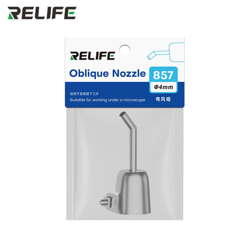 Cargue la imagen en el visor de la galería, RELIFE 857 Series 45° Bent Hot Air Gun Nozzle – Stainless Steel, Microscope-Ready, Leak-Free Design
