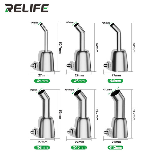 RELIFE 857 Series 45° Bent Hot Air Gun Nozzle – Stainless Steel, Microscope-Ready, Leak-Free Design