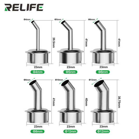 RELIFE 861 Series 45° Curved Hot Air Nozzle – Stainless Steel Precision Tip for Microscope Repair Work