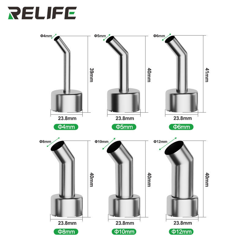 Cargue la imagen en el visor de la galería, RELIFE 858 Series 45° Curved Hot Air Nozzle – Stainless Steel, Microscope-Compatible, Leak-Proof Design
