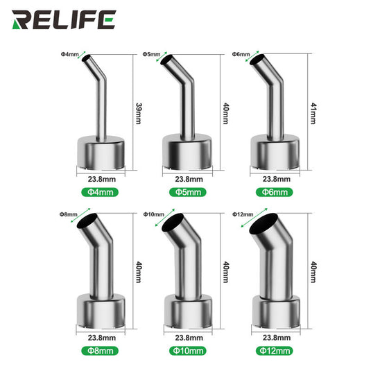 RELIFE 858 Series 45° Curved Hot Air Nozzle – Stainless Steel, Microscope-Compatible, Leak-Proof Design