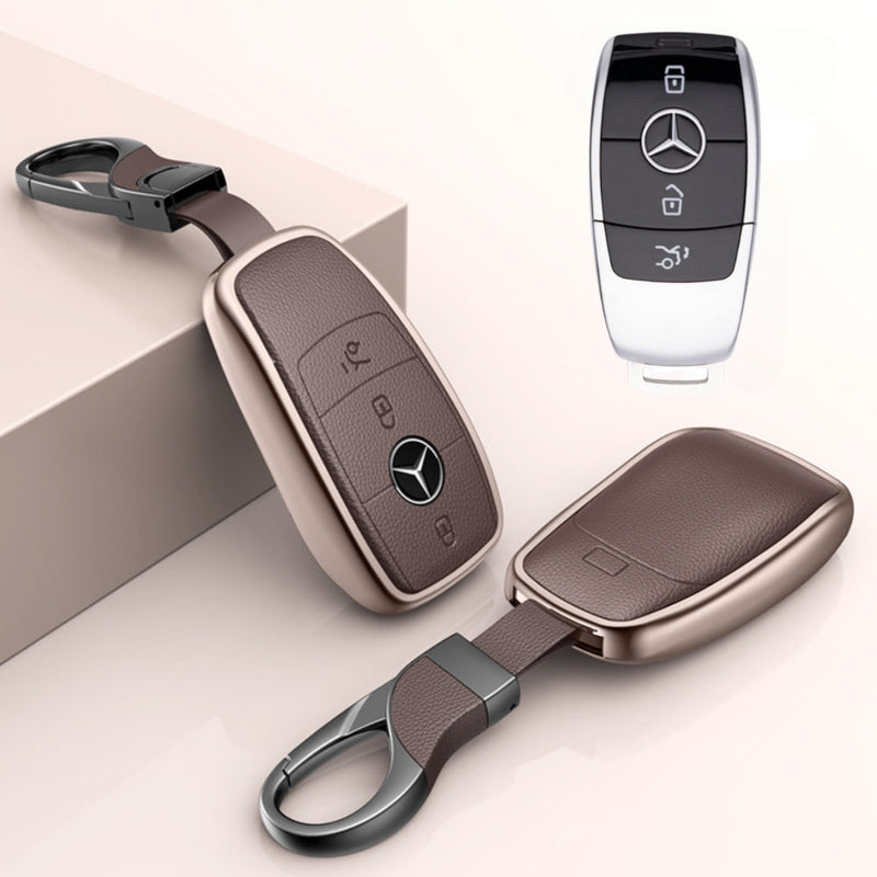 Chargez l&#39;image dans la visionneuse de la galerie, Mercedes Benz Aluminum Alloy Leather Car Key Fob Protection Case Cover For Benz A, C, E, S, G-Class, GLA, GLB, GLC, GLE, GLS, CLA, CLS, EQC

