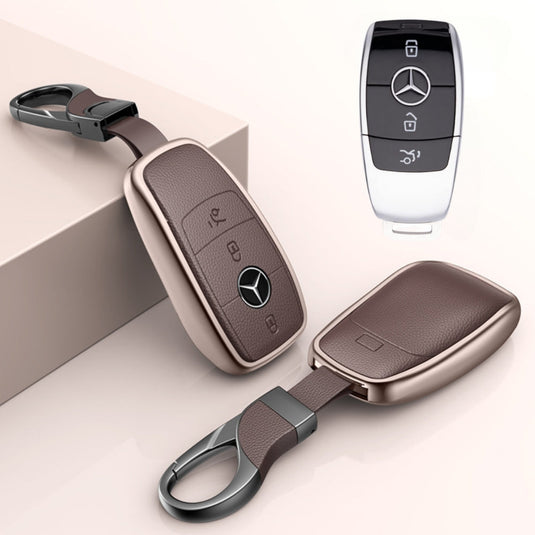 Mercedes Benz Aluminum Alloy Leather Car Key Fob Protection Case Cover For Benz A, C, E, S, G-Class, GLA, GLB, GLC, GLE, GLS, CLA, CLS, EQC