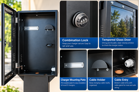 Outdoor EV Charger Protection Box with 1.5M Freestanding Stand – Lockable Metal Enclosure with Tinted Window, Black/White