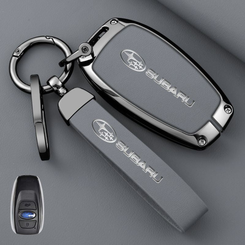 Load image into Gallery viewer, Subaru Full Metal  Coverage + PU Leather Car Key Fob Case Cover For Outback, Forester, Impreza, WRX, XV, Crosstrek, Legacy
