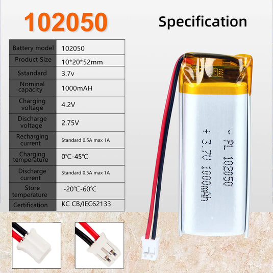 [PH2.0-JST Connector][102050] Universal 1000mAh 3.7V Rechargeable Li-Ion Lithium Polymer Battery - Polar Tech Australia