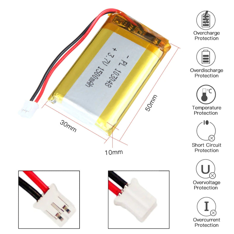 Cargue la imagen en el visor de la galería, [PH2.0-JST Connector][103048] Universal 1500mAh 3.7V Rechargeable Li-Ion Lithium Polymer Battery - Polar Tech Australia
