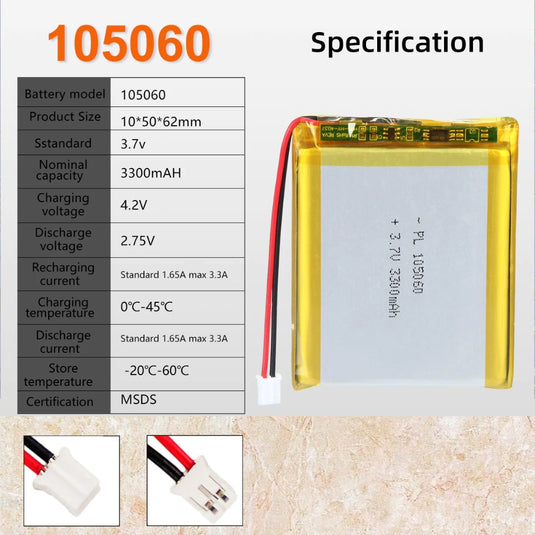 [PH2.0-JST Connector][105060] Universal 3300mAh 3.7V Rechargeable Li-Ion Lithium Polymer Battery - Polar Tech Australia