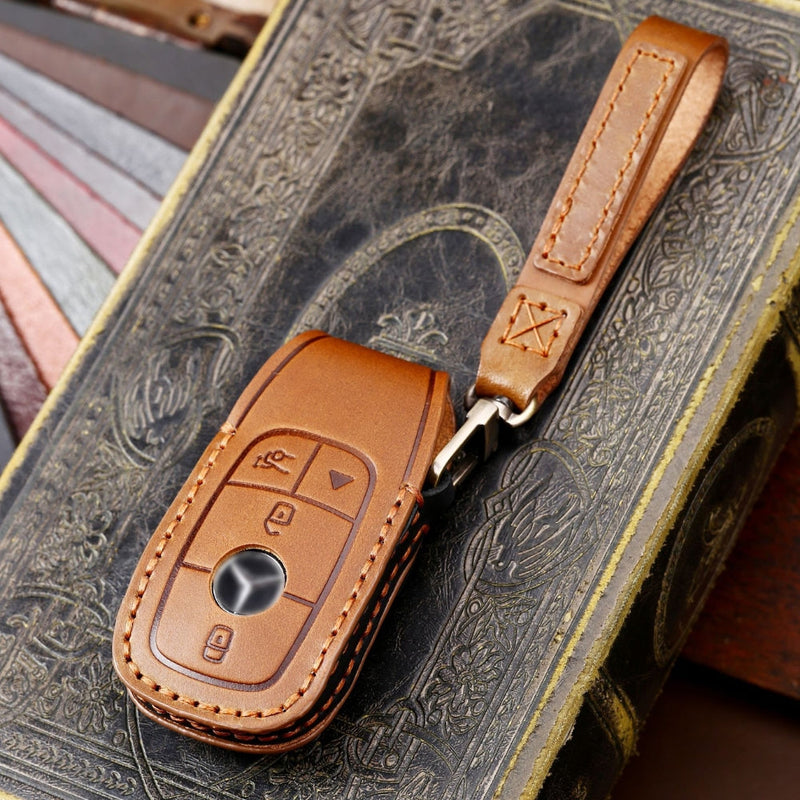 Chargez l&#39;image dans la visionneuse de la galerie, Mercedes Benz Handcrafted Genuine Leather Car Key Fob Protective Cover Case For Benz E-Class
