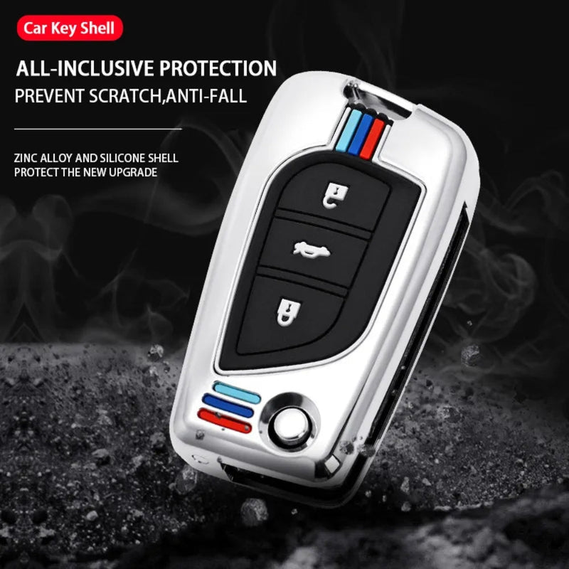 Load image into Gallery viewer, Toyota Foldable Style Metal Shell &amp; Soft Silicone Full Protection Car Key Fob Case Cover For Camry RAV4 Highlander Avalon C-HR Prius Corolla
