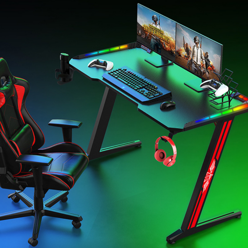 Cargue la imagen en el visor de la galería, Large Gaming Desk with RBG LED Lights Carbon Fiber Surface with Cup Holder &amp; Headphone Hook - Polar Tech Australia
