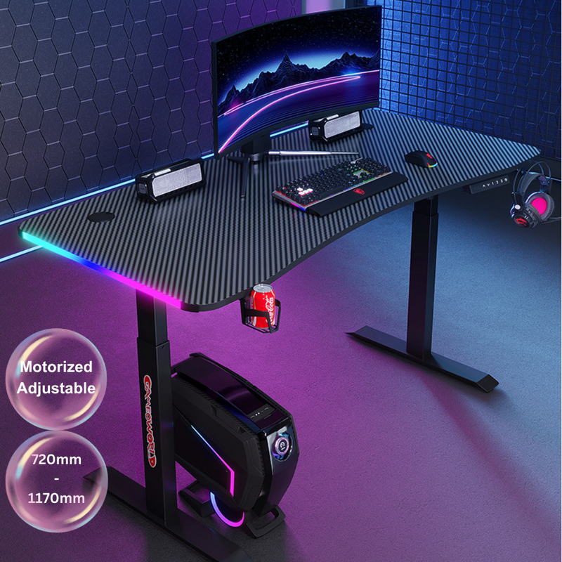 Cargue la imagen en el visor de la galería, [Motorized Adjustable] Large Gaming Desk Table with RBG LED Lights Carbon Fiber Surface with Cup Holder &amp; Headphone Hook - Polar Tech Australia
