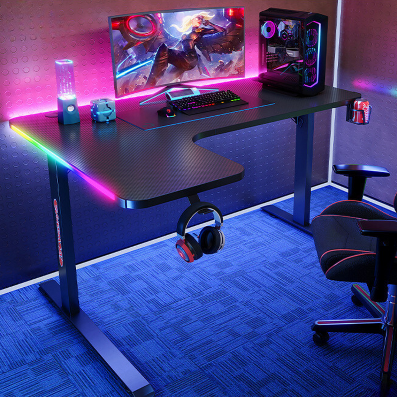 Cargue la imagen en el visor de la galería, Large Left Corner Gaming Desk with RBG LED Lights Carbon Fiber Surface with Cup Holder &amp; Headphone Hook - Polar Tech Australia
