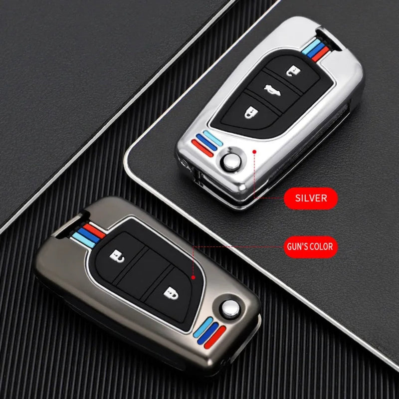 Load image into Gallery viewer, Toyota Foldable Style Metal Shell &amp; Soft Silicone Full Protection Car Key Fob Case Cover For Camry RAV4 Highlander Avalon C-HR Prius Corolla

