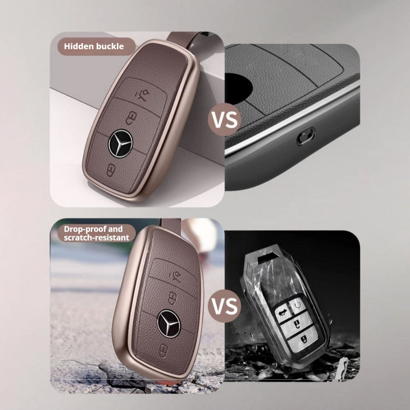 Chargez l&#39;image dans la visionneuse de la galerie, Mercedes Benz Aluminum Alloy Leather Car Key Fob Protection Case Cover For Benz A, C, E, S, G-Class, GLA, GLB, GLC, GLE, GLS, CLA, CLS, EQC
