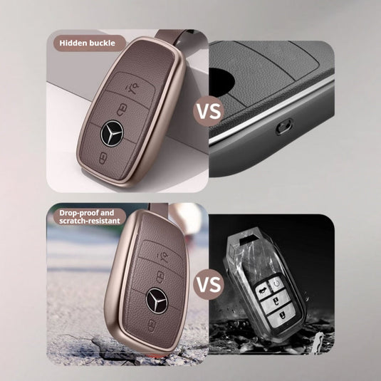 Mercedes Benz Aluminum Alloy Leather Car Key Fob Protection Case Cover For Benz A, C, E, S, G-Class, GLA, GLB, GLC, GLE, GLS, CLA, CLS, EQC