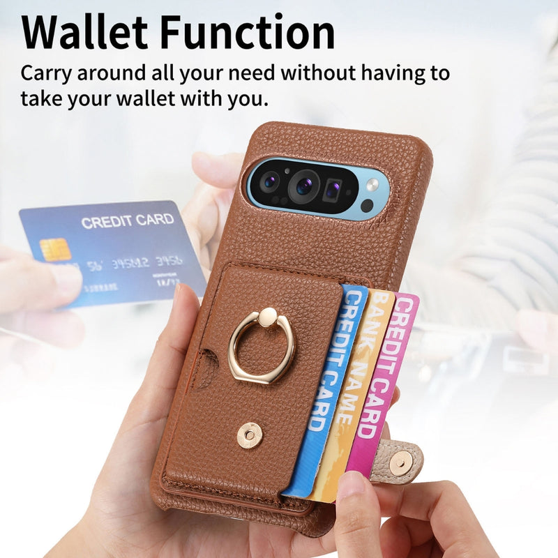 Cargue la imagen en el visor de la galería, Google Pixel 10 Pro XL - Retro PU Leather Shockproof Phone Case with Ring Holder &amp; Card Slot
