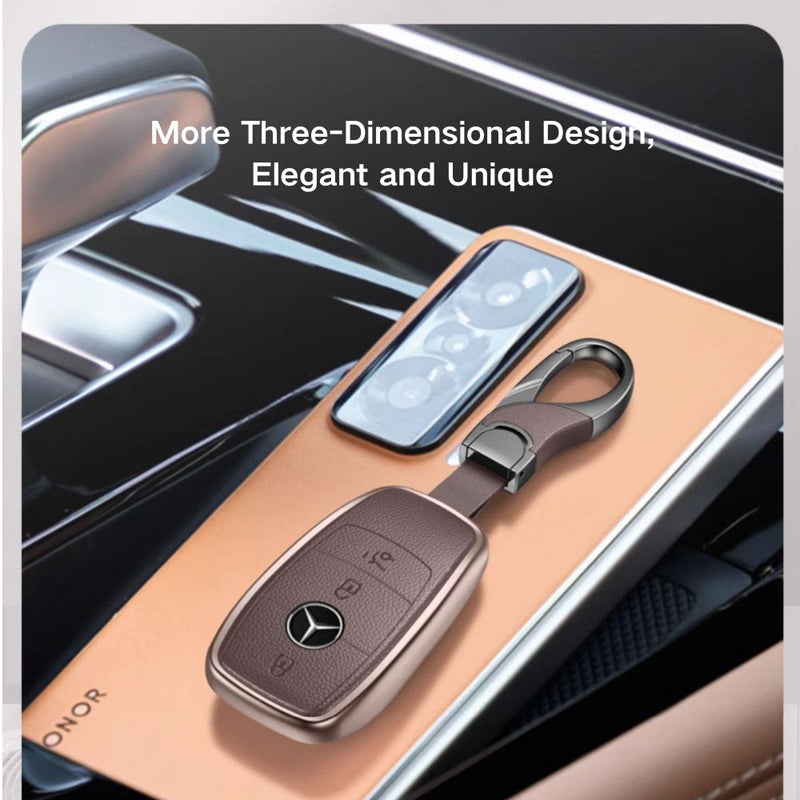 Chargez l&#39;image dans la visionneuse de la galerie, Mercedes Benz Aluminum Alloy Leather Car Key Fob Protection Case Cover For Benz A, C, E, S, G-Class, GLA, GLB, GLC, GLE, GLS, CLA, CLS, EQC
