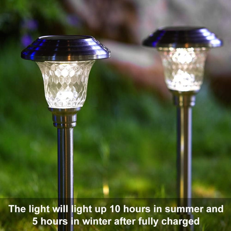 Load image into Gallery viewer, 4 Pack Solar Pathway Lights Warm yellow + Bright White Outdoor Garden Stake Glass LED Stainless Steel Waterproof Landscape Path Lighting for Yard Walkway Driveway Outside Silver - Polar Tech Australia
