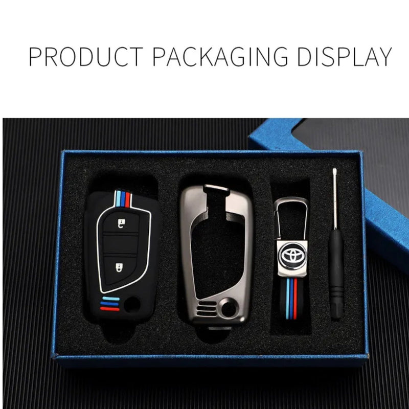 Load image into Gallery viewer, Toyota Foldable Style Metal Shell &amp; Soft Silicone Full Protection Car Key Fob Case Cover For Camry RAV4 Highlander Avalon C-HR Prius Corolla
