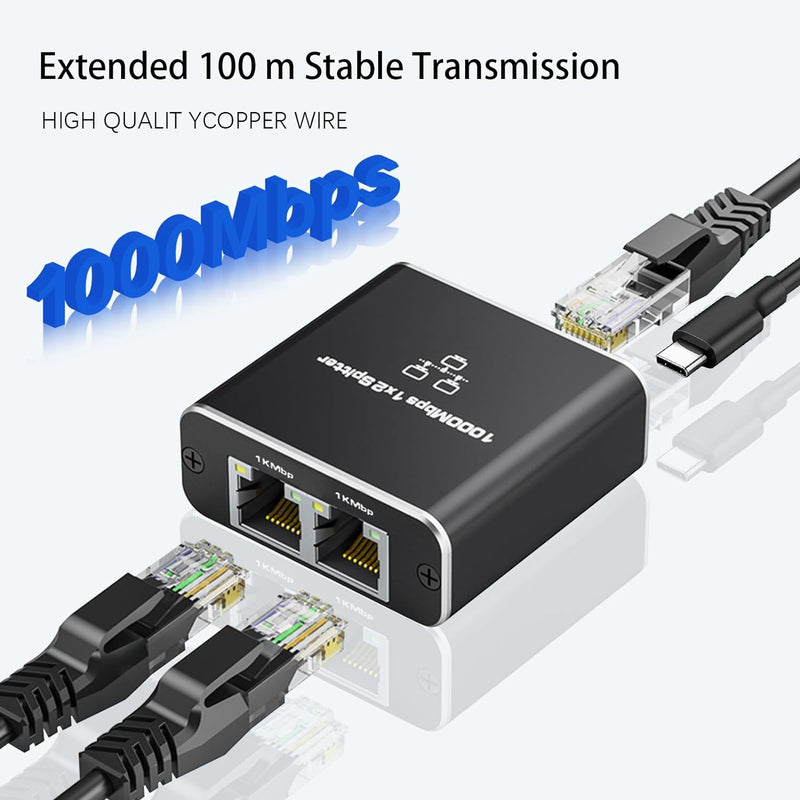 Load image into Gallery viewer, 3 Ports Ethernet RJ45 Splitter 1 In / 2 Out, 1000Mbps High Speed With USB-C Port - Polar Tech Australia
