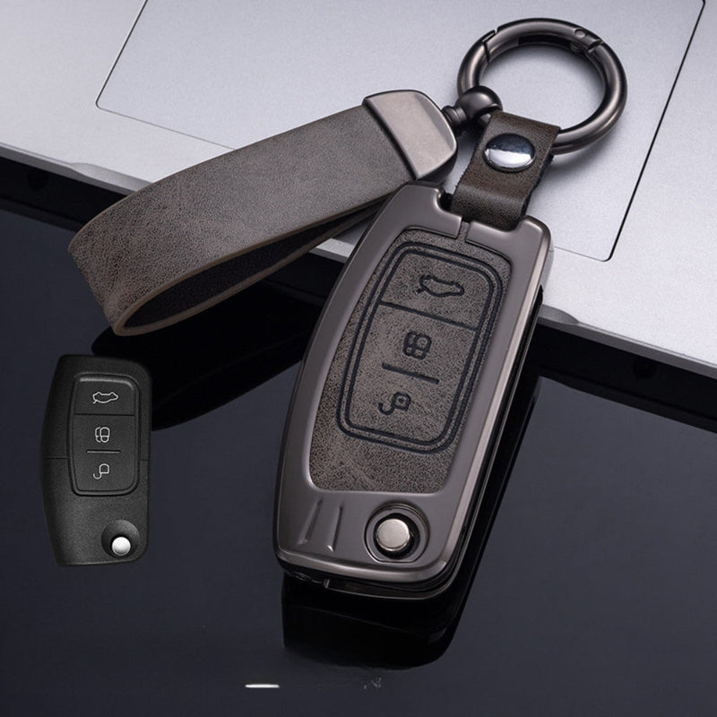 Chargez l&#39;image dans la visionneuse de la galerie, Ford Zinc Alloy Leather Folding Car Key Fob Case Cover For Ranger, Mustang, Everest, Escape, Puma, Transit, Focus, Fiesta, Ranger Raptor, Mondeo
