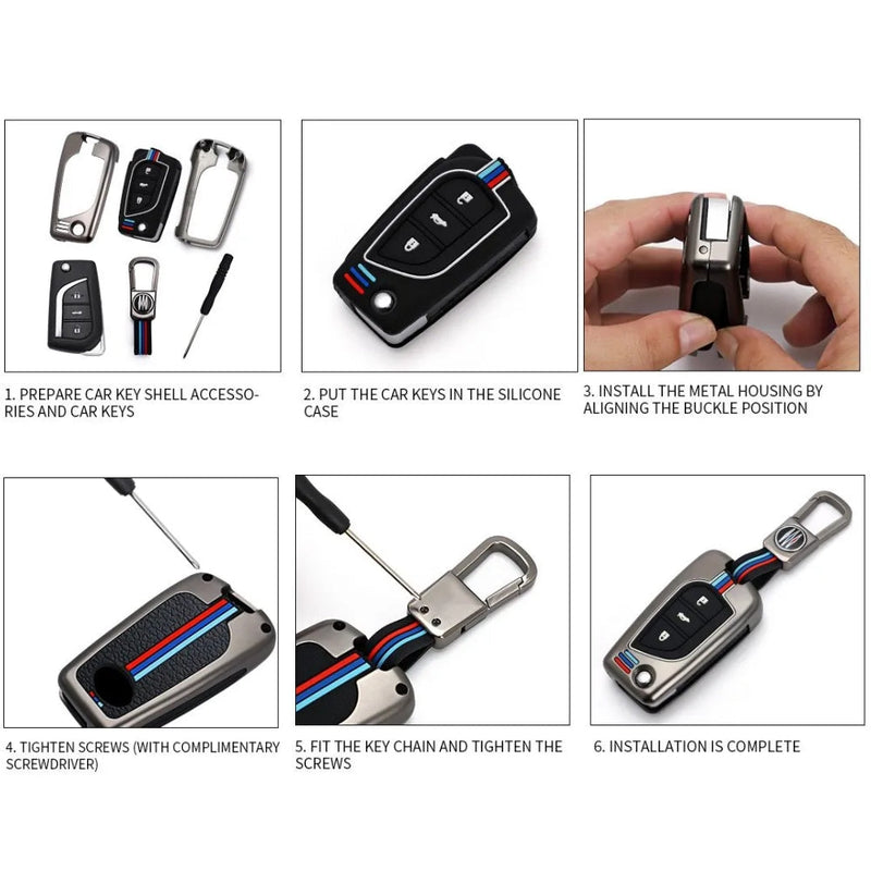 Load image into Gallery viewer, Toyota Foldable Style Metal Shell &amp; Soft Silicone Full Protection Car Key Fob Case Cover For Camry RAV4 Highlander Avalon C-HR Prius Corolla
