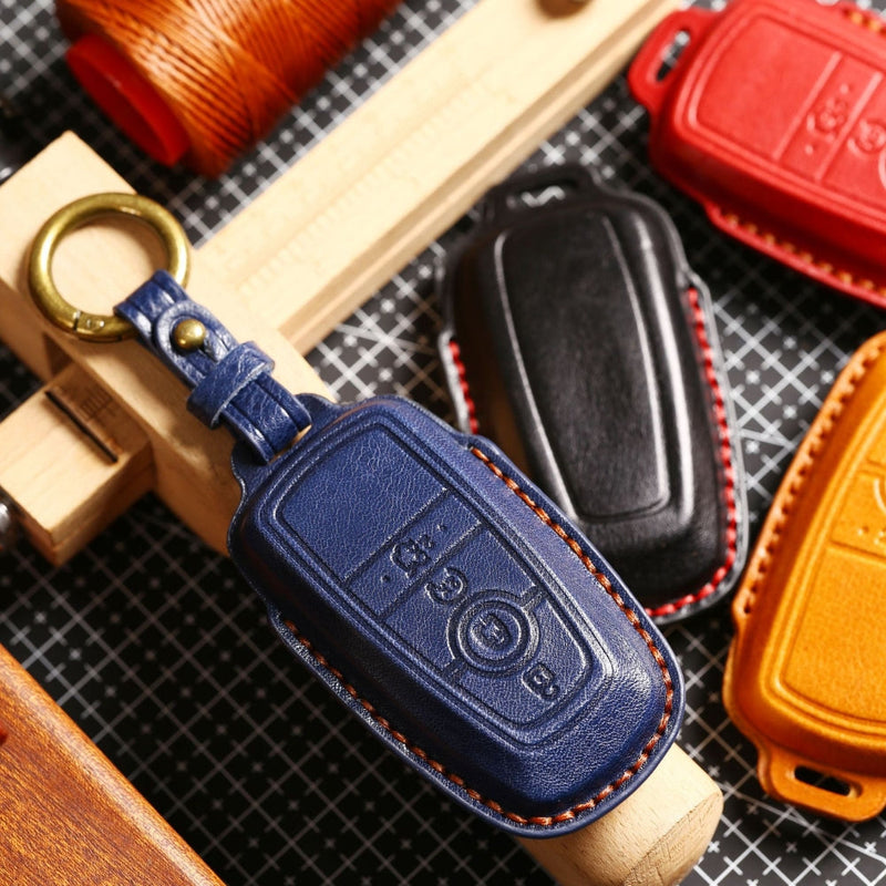 Chargez l&#39;image dans la visionneuse de la galerie, Ford Handcrafted Genuine Leather Folding Car Key Fob Protective Case Cover For Raptor F-150, Focus, Escort, Mondeo, Edge, Explorer, Mustang
