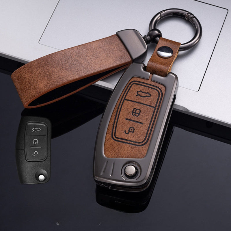 Chargez l&#39;image dans la visionneuse de la galerie, Ford Zinc Alloy Leather Folding Car Key Fob Case Cover For Ranger, Mustang, Everest, Escape, Puma, Transit, Focus, Fiesta, Ranger Raptor, Mondeo
