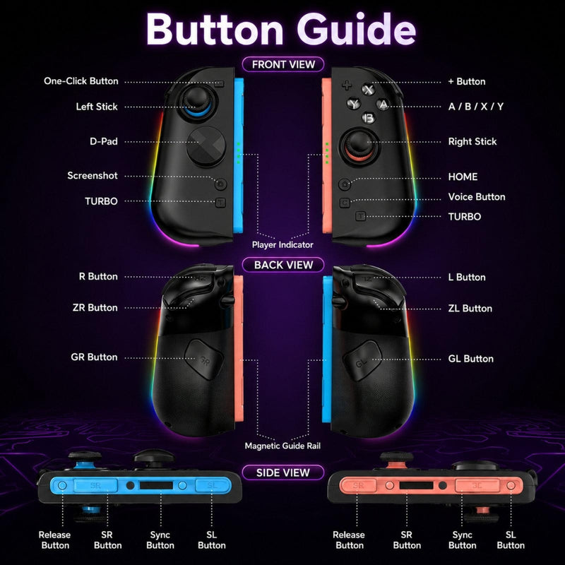 Chargez l'image dans la visionneuse de la galerie, Nintendo Switch 2 Left + Right Magnetic Controllers 9-Axis RGB Motion-Sensing Hall-Effect Joystick With Bluetooth 5.4 Wake-Up and Burst Fire Functionality
