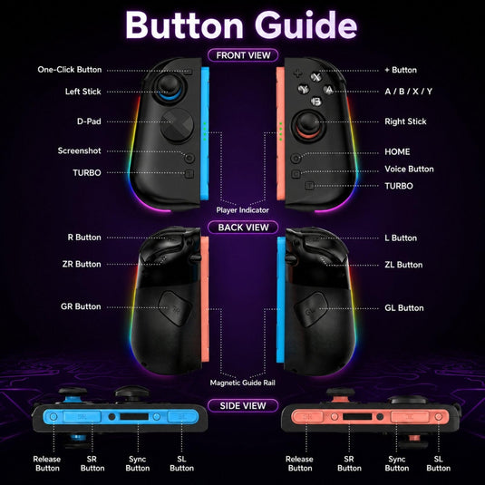 Nintendo Switch 2 Left + Right Magnetic Controllers 9-Axis RGB Motion-Sensing Hall-Effect Joystick With Bluetooth 5.4 Wake-Up and Burst Fire Functionality
