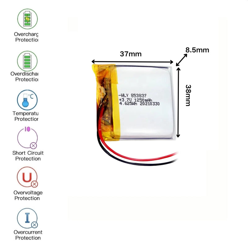 Cargue la imagen en el visor de la galería, [PH2.0-JST Connector][853837] Universal 1250mAh 3.7V Rechargeable Li-Ion Lithium Polymer Battery - Polar Tech Australia
