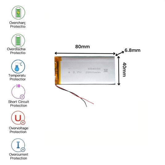 [PH2.0-JST Connector][684080] Universal 2800mAh 3.7V Rechargeable Li-Ion Lithium Polymer Battery - Polar Tech Australia