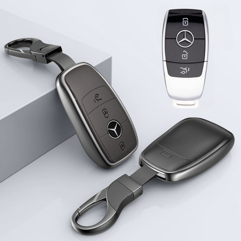 Chargez l&#39;image dans la visionneuse de la galerie, Mercedes Benz Aluminum Alloy Leather Car Key Fob Protection Case Cover For Benz A, C, E, S, G-Class, GLA, GLB, GLC, GLE, GLS, CLA, CLS, EQC
