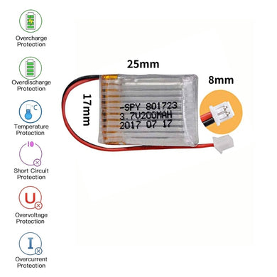 [PH2.0-JST Connector][801723] Universal 200mAh 3.7V Rechargeable Li-Ion Lithium Polymer Battery - Polar Tech Australia