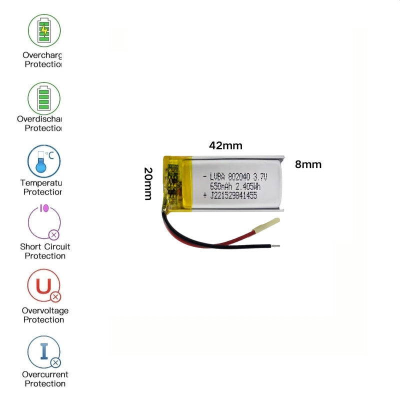 Chargez l&#39;image dans la visionneuse de la galerie, [PH2.0-JST Connector][802040] Universal 650mAh 3.7V Rechargeable Li-Ion Lithium Polymer Battery - Polar Tech Australia
