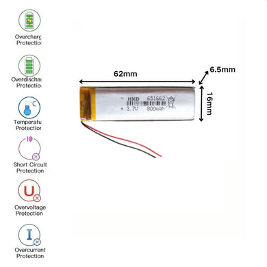 [PH2.0-JST Connector][651662] Universal 800mAh 3.7V Rechargeable Li-Ion Lithium Polymer Battery - Polar Tech Australia