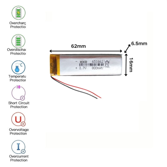 [PH2.0-JST Connector][651662] Universal 800mAh 3.7V Rechargeable Li-Ion Lithium Polymer Battery - Polar Tech Australia