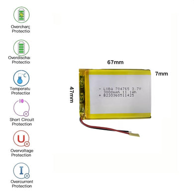 [PH2.0-JST Connector][704765] Universal 3000mAh 3.7V Rechargeable Li-Ion Lithium Polymer Battery - Polar Tech Australia