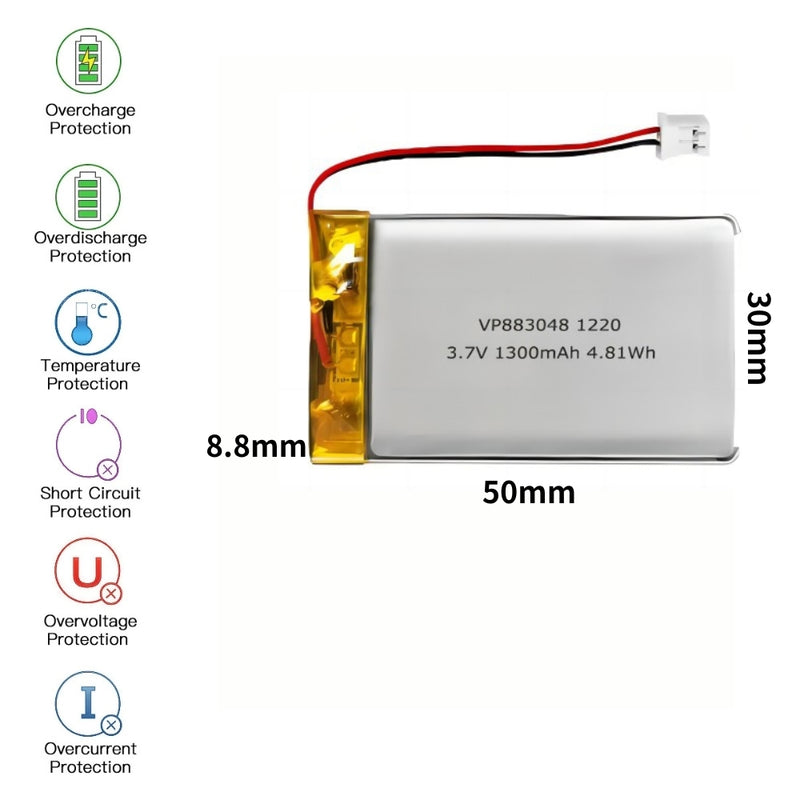 Cargue la imagen en el visor de la galería, [PH2.0-JST Connector][883048] Universal 1300mAh 3.7V Rechargeable Li-Ion Lithium Polymer Battery - Polar Tech Australia
