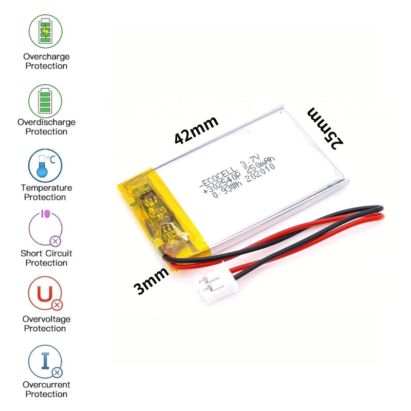Cargue la imagen en el visor de la galería, [PH2.0-JST Connector][302540] Universal 250mAh 3.7V Rechargeable Li-Ion Lithium Polymer Battery - Polar Tech Australia
