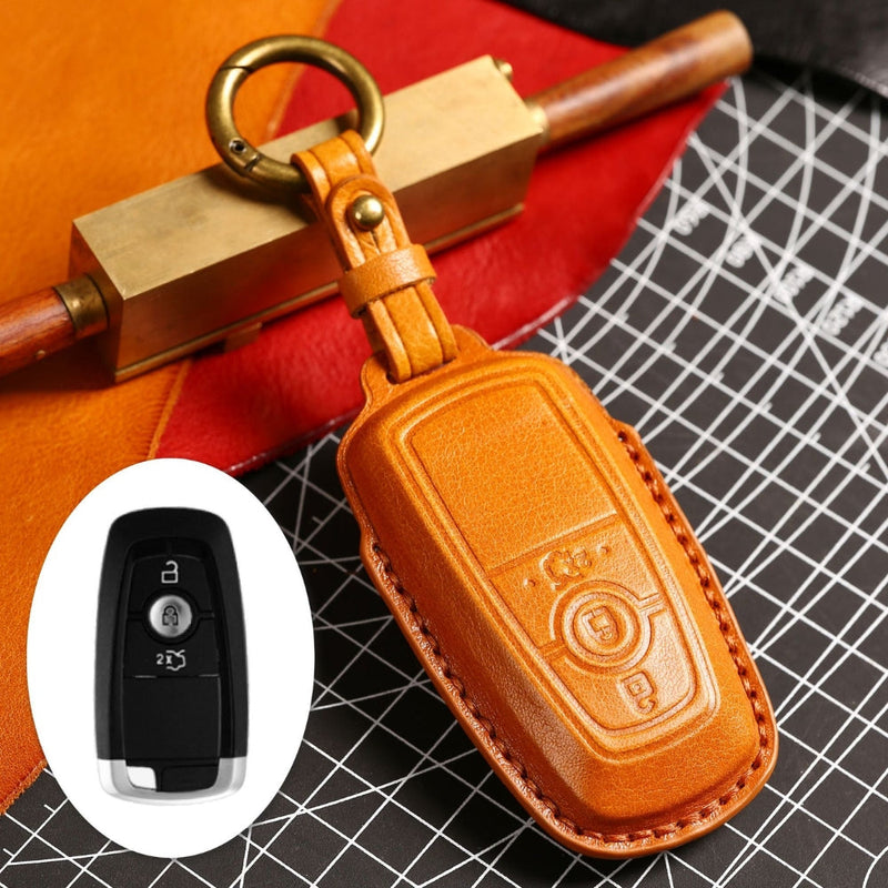 Chargez l&#39;image dans la visionneuse de la galerie, Ford Handcrafted Genuine Leather Folding Car Key Fob Protective Case Cover For Raptor F-150, Focus, Escort, Mondeo, Edge, Explorer, Mustang
