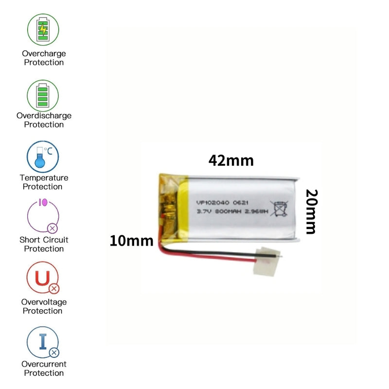 Chargez l&#39;image dans la visionneuse de la galerie, [PH2.0-JST Connector][102040] Universal 850mAh 3.7V Rechargeable Li-Ion Lithium Polymer Battery - Polar Tech Australia
