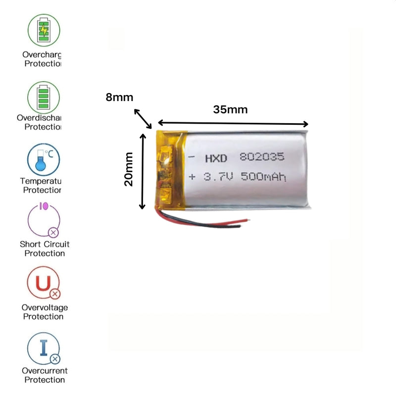 Cargue la imagen en el visor de la galería, [PH2.0-JST Connector][802035] Universal 500mAh 3.7V Rechargeable Li-Ion Lithium Polymer Battery - Polar Tech Australia
