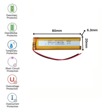 [PH2.0-JST Connector][632080] Universal 1000mAh 3.7V Rechargeable Li-Ion Lithium Polymer Battery - Polar Tech Australia