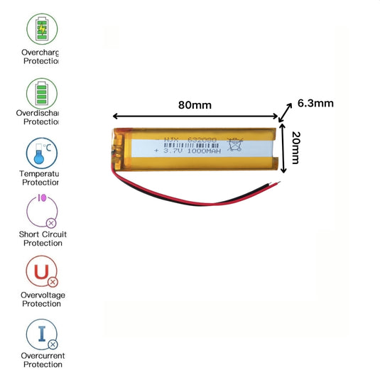 [PH2.0-JST Connector][632080] Universal 1000mAh 3.7V Rechargeable Li-Ion Lithium Polymer Battery - Polar Tech Australia