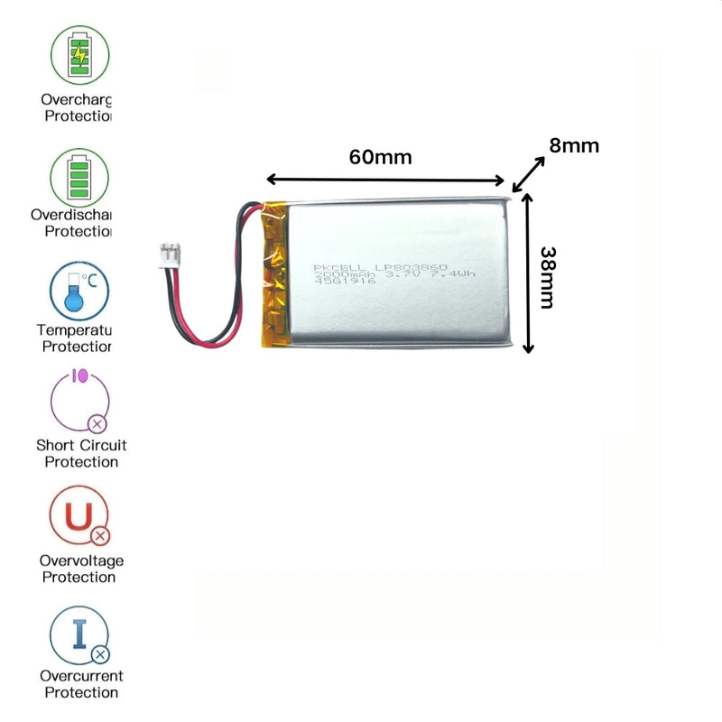 Cargue la imagen en el visor de la galería, [PH2.0-JST Connector][803860] Universal 2000mAh 3.7V Rechargeable Li-Ion Lithium Polymer Battery - Polar Tech Australia
