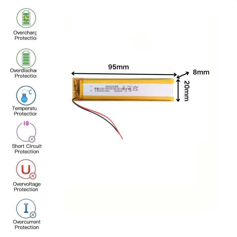 Cargue la imagen en el visor de la galería, [PH2.0-JST Connector][802095] Universal 1800mAh 3.7V Rechargeable Li-Ion Lithium Polymer Battery - Polar Tech Australia
