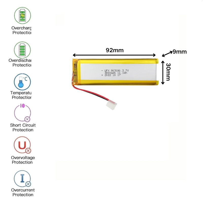 Cargue la imagen en el visor de la galería, [PH2.0-JST Connector][903090] Universal 3200mAh 3.7V Rechargeable Li-Ion Lithium Polymer Battery - Polar Tech Australia
