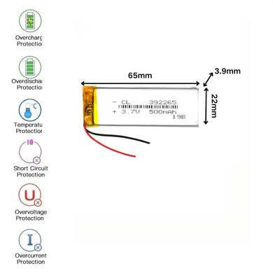 [PH2.0-JST Connector][392265] Universal 500mAh 3.7V Rechargeable Li-Ion Lithium Polymer Battery - Polar Tech Australia
